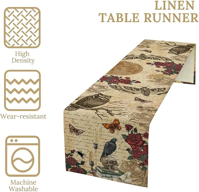 Gothic Floral Table Runner, Retro Dark Skull Moth Vintage Flower Halloween Day of Death Witchy Coffee Table Center Decor for Home Kitchen Dining Patio Holiday Party Table Decorations 13x72 inches
