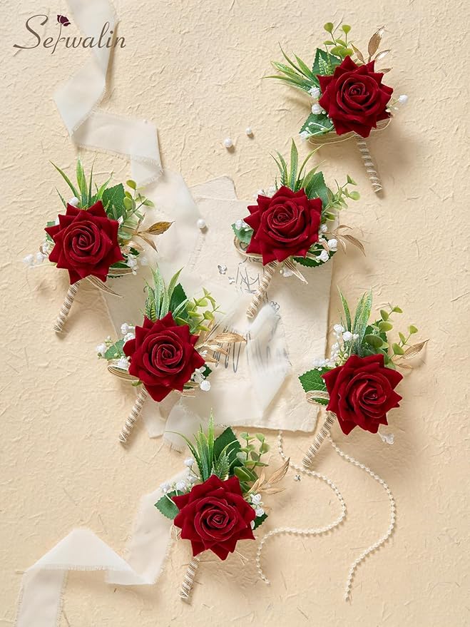 Serwalin 6PCS Red Rose Boutonniere for Men Wedding Groom Groomsmen Best Man Boutonniere for Wedding Ceremony Anniversary Prom Flowers Formal Dinner Party, Red
