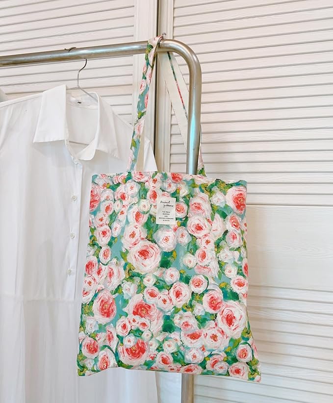 Cotton Canvas Tote Bag Reusable Soft Grocery Cloth Bag Floral Shoulder Bag for Beach Travel Shopping