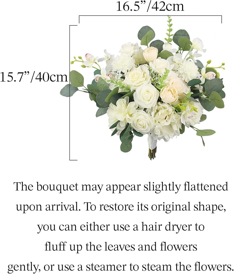 Rinlong 16.5 Inch Wedding Bouquets for Bride White Sage Green Bridal Bouquet for Wedding Silk Real Touch Artificial Flowers