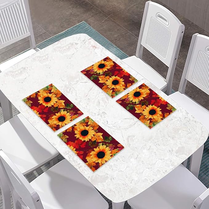 Placemats Set of 4 Waterproof Oilproof Table Mats Vintage Sunflower Pattern Washable Wipeable Heat Resistant Easy to Clean for Indoor Outdoor Party Kitchen Dining Table Decoration 12 * 18in