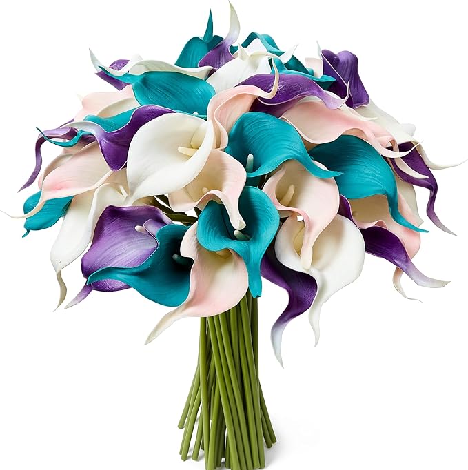 24 Pcs Artificial Calla Lily Flowers Colorful Fake Silk Flowers Real Touch for Wedding Bouquet Office Home Kitchen Decor