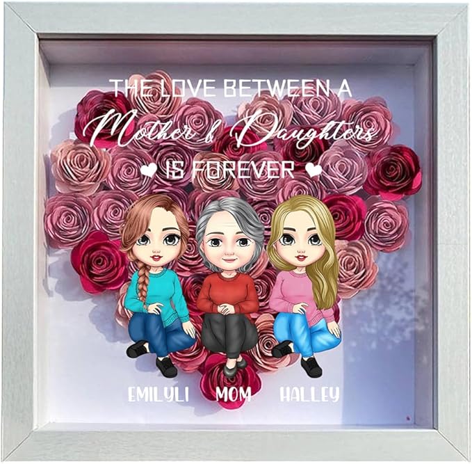 Personalized Mom Flower Shadow Box Custom Heart Shaped Rose Flower Shadow Box Frame with The Between A Mother And Daughter Is Forever Mother's Day Portrait Shadowbox Memory Gifts for Mom