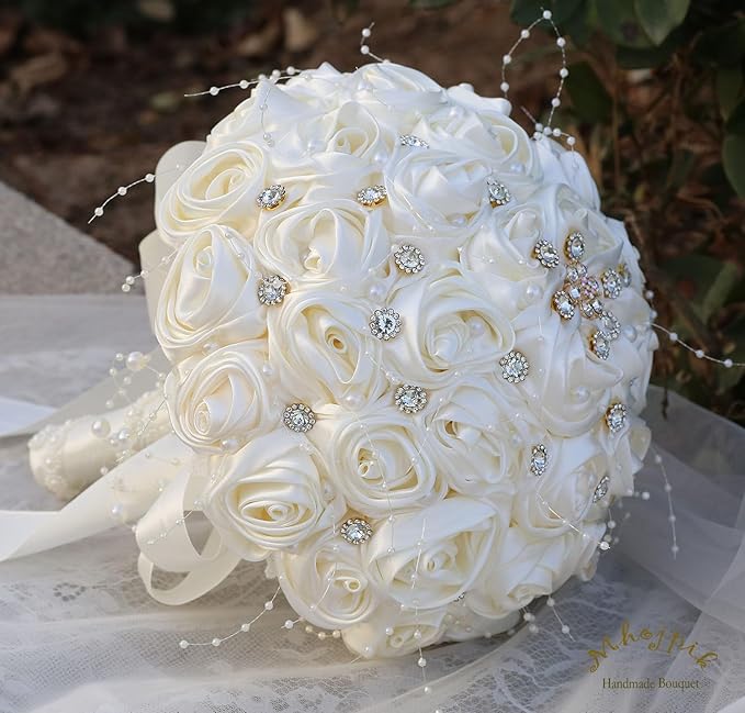 Bridal Wedding Bouquet Round Bling Brooch Bouquet Throw Toss Artificial Rose Flower Bunch for Bride Bridesmaid Wedding Quinceanera(Ivory, 9.8")