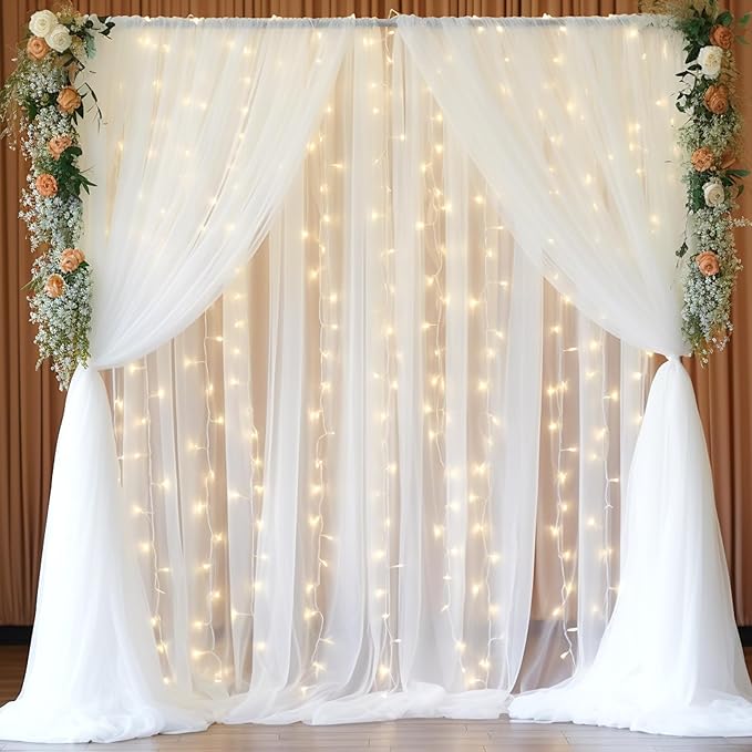 30x10ft White Tulle Backdrop Curtain with Lights String for Parites, Sheer Backdrop Curtains for Wedding Baby Shower Birthday Party Photo Shoot Decorations