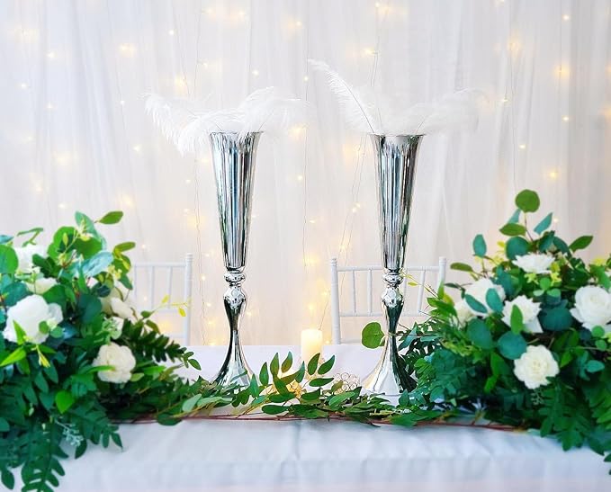 Set of 2 Versatile Metal Tabletop Flower Stands, Silver Dining Table Centerpiece Vases, 21.9" Tall Trumpet Vases for Wedding Birthday Ceremony Party Special Event Home Décor