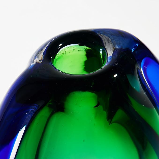 Luxury Lane Hand Blown Sommerso Oval Art Glass Vase for Decor 10 inch Tall Centerpiece Table Decoration Emerald Green