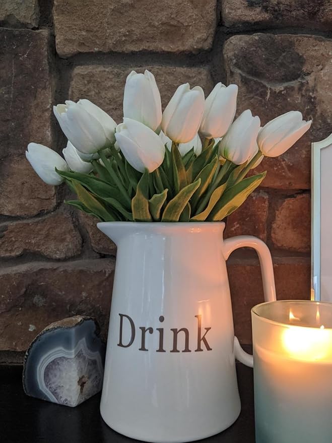 Tulips Artificial Flowers 20 Pcs White Fake Tulip Stems Real Touch PU Tulips for Easter Spring Wedding Bouquet Home Centerpiece Floral Arrangement Table Décor
