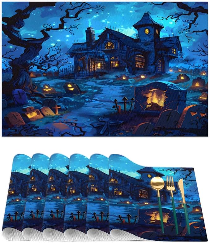 Halloween Castle Scary Blue Placemats Set of 4 PVC Vinyl Non Slip Table Mats Heat Resistant Place Mats Washable Wipeable Dining Table Mat for Kitchen Decor Party Indoor Outdoor Decorative Gift