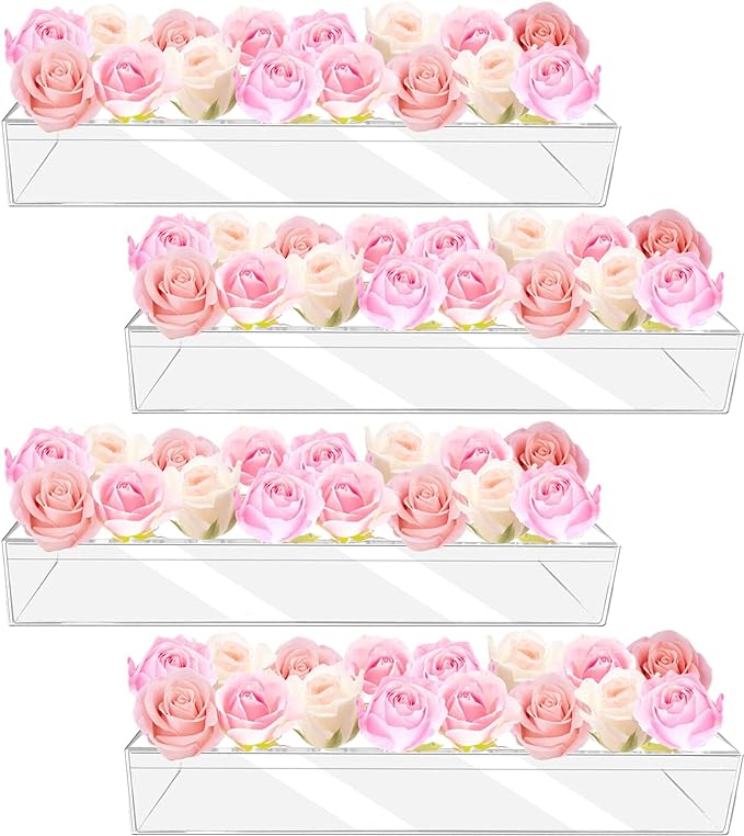 4Pcs Acrylic Flower Vase with 64 Holes,63 inch Decorative Long Clear Vase Modern,Rectangular Acrylic Vases Clear Floral Centerpiece for Dining Table Reception Home Party Decorations