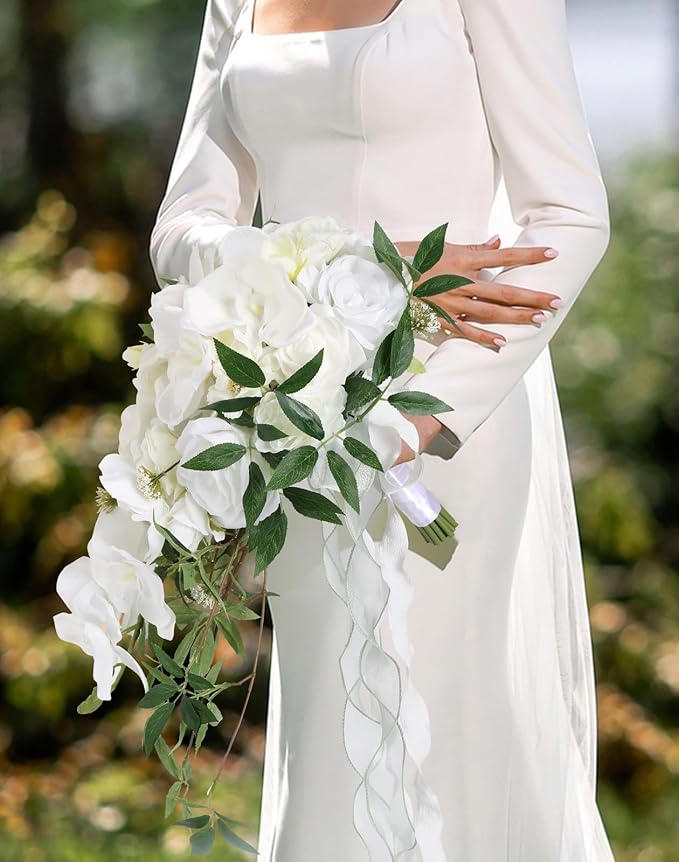 Bridal Bouquets for Bride,10 Inch White Wedding Bouquets for Bride for Ceremony Anniversary Wedding Bridal Shower(White Green)