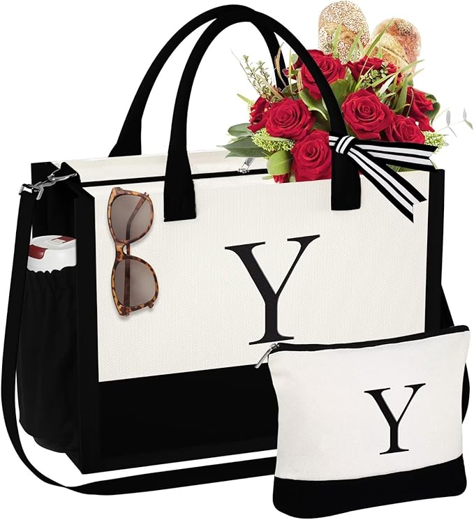 YOOLIFE Christmas Gifts for Women - Initial Tote Bag & Makeup Bag, Womens Christmas Stocking Stuffers Mom Wife Teacher Friend