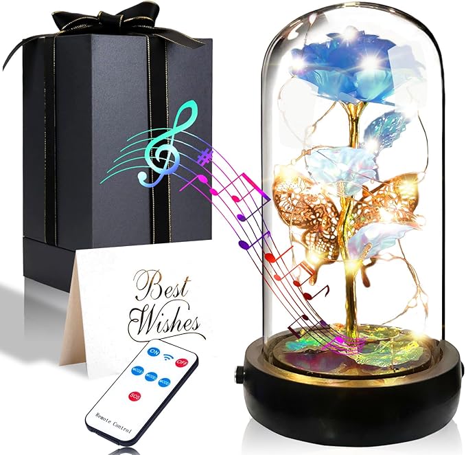 Birthday Rose Flower Gifts for Women, Mothers Day Glass Rose Gift for Mom from Daughter Son, Light Blue Rose in Glass Dome with Music Box, Light Up Rose in Dome for Her Wife Grandma