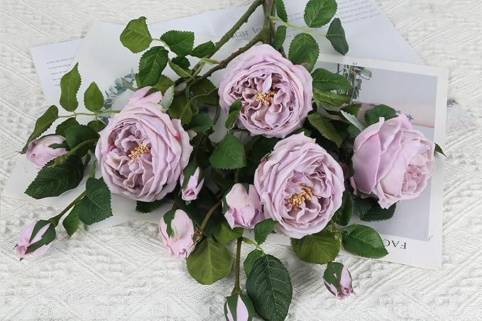 Real Touch Purple Austin Roses Peonies Artificial Flowers 4 Bouquets Latex Fake Peonies with Long Stem Realistic Faux Peonies for Wedding Party Home Table Centerpieces Decor (Light Purple)