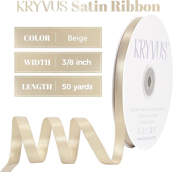 Beige Satin Ribbon, Double Faced 3/8 Inch X 50 Yards Beige Ribbon, Premium Satin Ribbon for Gift Wrapping, Crafts, Hair Bow Making, Sewing, Flower Bouquet, Wedding Party Decor