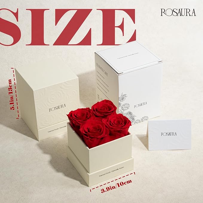 Rosaura 4-Piece Eternal Preserved Roses & Flowers Gift Box - Forever Lasting Real Roses, Preserved Flowers for Valentine's Day Red