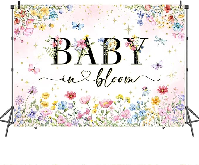 Mocsicka Wildflower Backdrop Baby in Bloom Floral Baby Shower Decorations Girls Butterfly Golden Dot A Little Wildflower is On The Way Decorations for Baby Shower Background Banner
