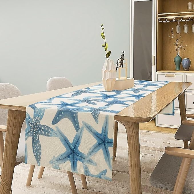 Starfish Plaid Table Flag Green Plaid and Marine Life Starfish Kitchen Table Flag Suitable for Birthday Party Restaurant Decoration Outdoor Picnic 13x36 Inch
