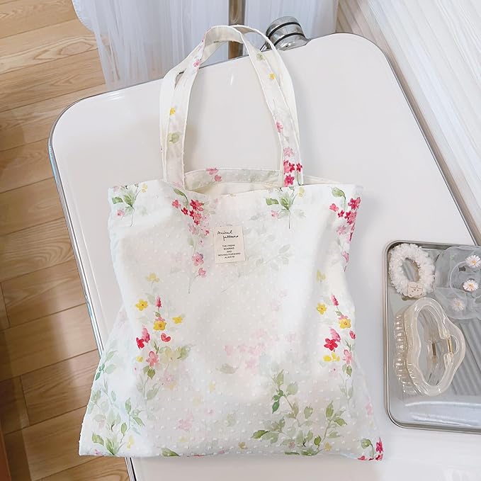 Cotton Canvas Tote Bag Reusable Soft Grocery Cloth Bag Floral Shoulder Bag for Beach Travel Shopping