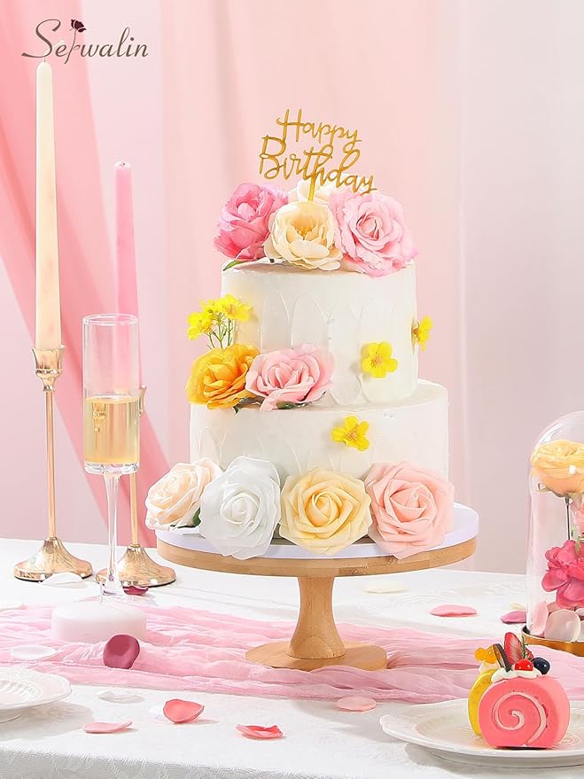 Serwalin Pink Artificial Flowers, Yellow Silk Fake Flowers for DIY Wedding Bridal Bouquets, Wedding Cake Flowers for Table Centerpieces Baby Shower Birthday Party Home Decorations