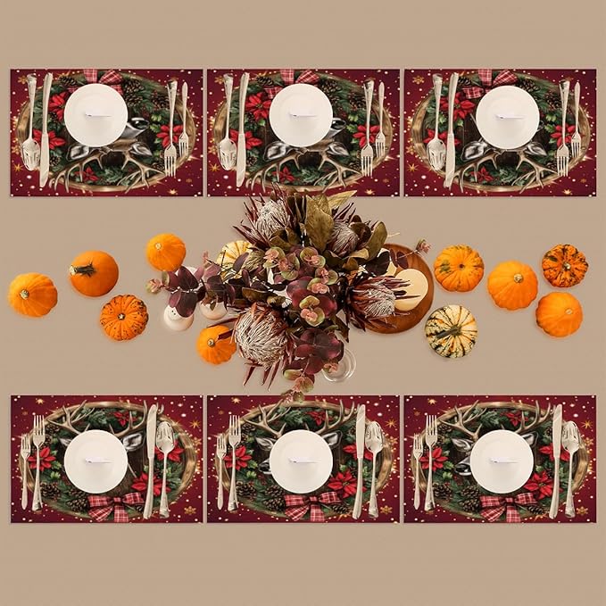 Xmas Christmas Reindeer Poinsettia Red Placemats Set of 1 PVC Vinyl Non Slip Table Mats Heat Resistant Place Mats Washable Wipeable Dining Table Mat for Kitchen Party Indoor Outdoor Decorative Gift