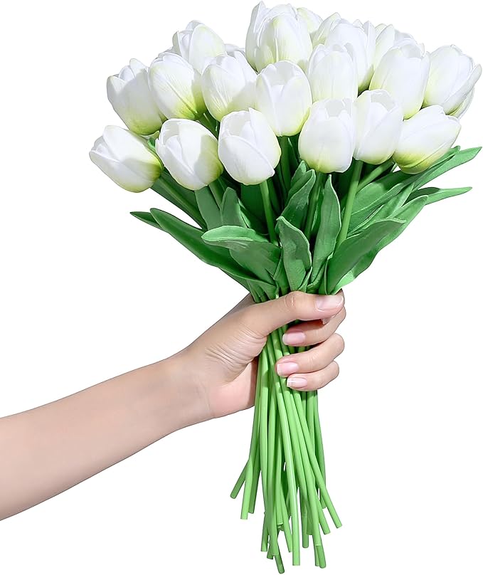 SITUMEIZI 15pcs Green Tulips Fake Artificial Flowers Real Touch 14" Silk Flower for Home Decor Spring Easter Wedding Bouquet Decorations Floral Arrangements(Green)
