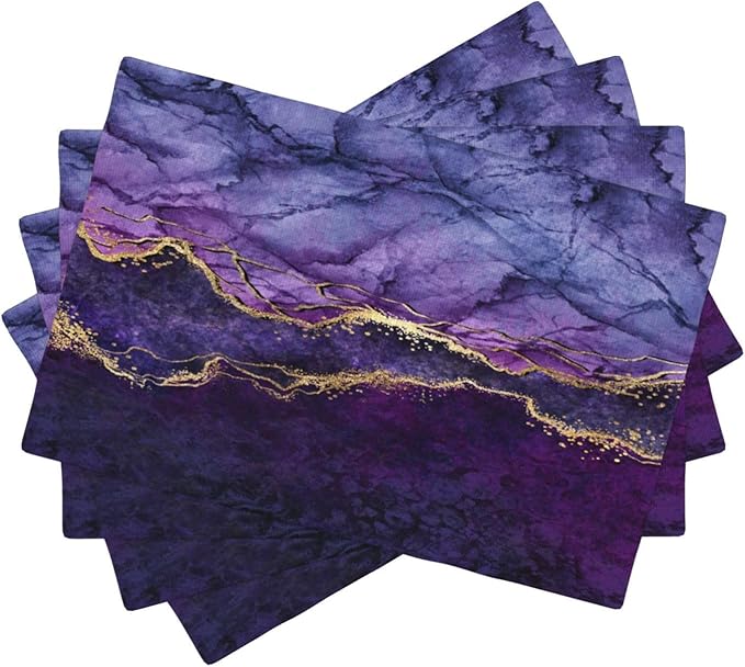 Purple Marble Placemats, Abstract Elegant Art Marble Floral Art Accents Print Washable Fabric Placemats Table Kitchen Dining Party 12x18 Inch Set of 6