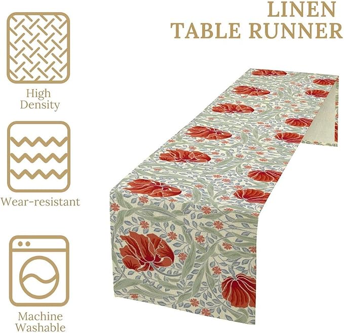 William Morris Table Runner, Retro Red Flowers Green Botanical Country Farmhouse Tabletop Decoration for Kitchen Dining Home Party 13x108 Inch