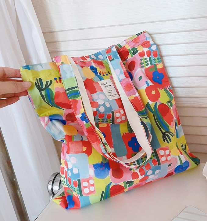 Cotton Canvas Tote Bag Reusable Soft Grocery Cloth Bag Floral Shoulder Bag for Beach Travel Shopping