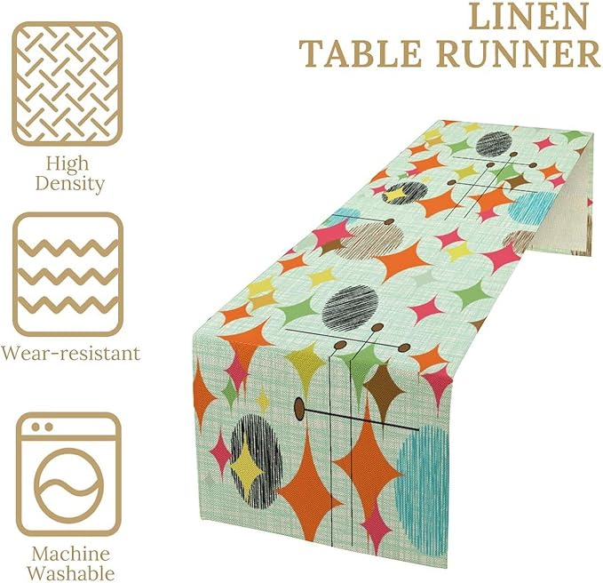 Mid Century Table Runner,Abstract Retro Modern Geometric Colorful Stripe Pattern Print Tablecloth Burlap for Hotel Indoors Outdoor Dining Room Kitchen Holiday Party, 13x70in
