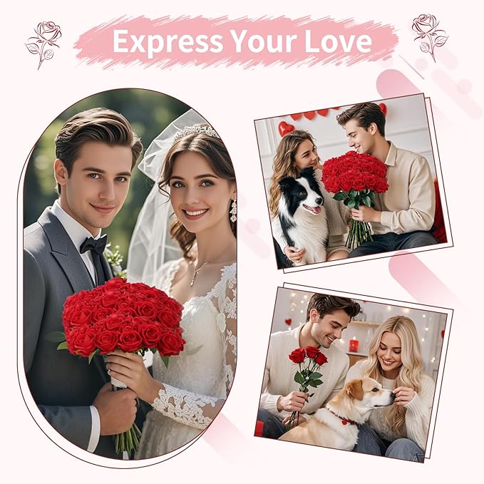 52 PCS Red Roses Artificial Flowers, Fake Red Rose Bouquet, Artificial Silk Red Roses with Stems for Wedding Flowers Decoration, Valentines Day Mothers Day, Bridal Bouquet Roses