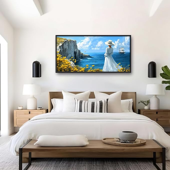 Coastal Boat Large Wall Art Framed Wall Decor for Living Room Ocean Coast Pictures Oversized Canvas Print Painting Modern Extra Large Framed Artwork for Bedroom Office Home Decor 60"x30"