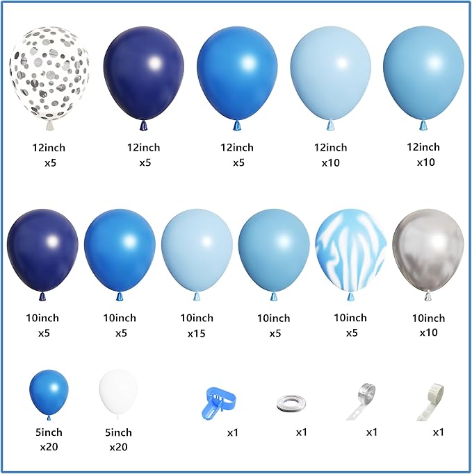 Amandir 134Pcs Blue Balloons Arch Garland Kit, Different Sizes 12 10 5 inch Navy Royal Light Blue Latex Confetti Balloons for Boys Birthday Baby Shower Winter Wonderland Graduation Party Decorations