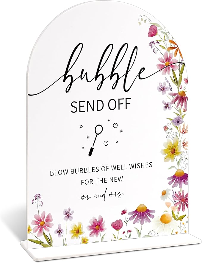 Bubble Send off Sign for Wedding Table Decor, Wild Flower Arch Acrylic Wedding Signs for Reception, Love Is In Bloom Bridal Shower Floral Engagement Party Decorations, 6x8 Inch