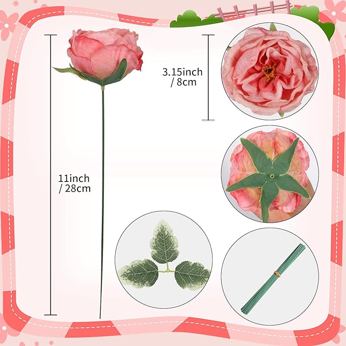 16pcs Peonies Artificial Flowers Head Deep Pink Austin Roses Vintage Burnt Flowers Silk Rose Head with Stems for DIY Flower Wedding Bouquets Centerpieces Home Decoration (Deep Pink)