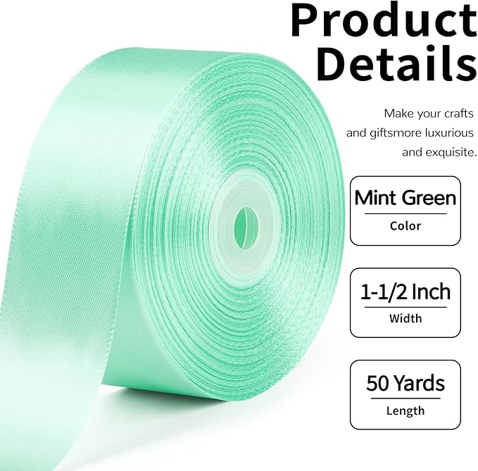 1-1/2 Inch Wide Mint Green Satin Ribbon, 50 Yards Solid Polyester Fabric Ribbon for Roses Making, Gift Wrapping, Christmas, Wedding Decorations, Crafts, Bows, Flower Bouquets