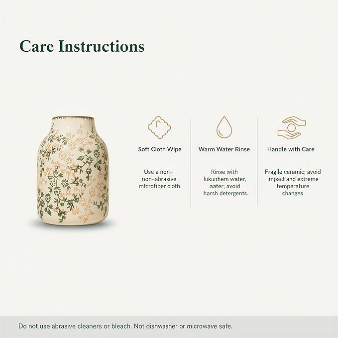 Rustic Vintage Ceramic Vase, 7.8 inch Beige and Green Decorative Vase, Aesthetic Farmhouse Pottery Vase for Home Decor, Living & Dining Room, Bookshelf, Office, TV Stand Table Decor