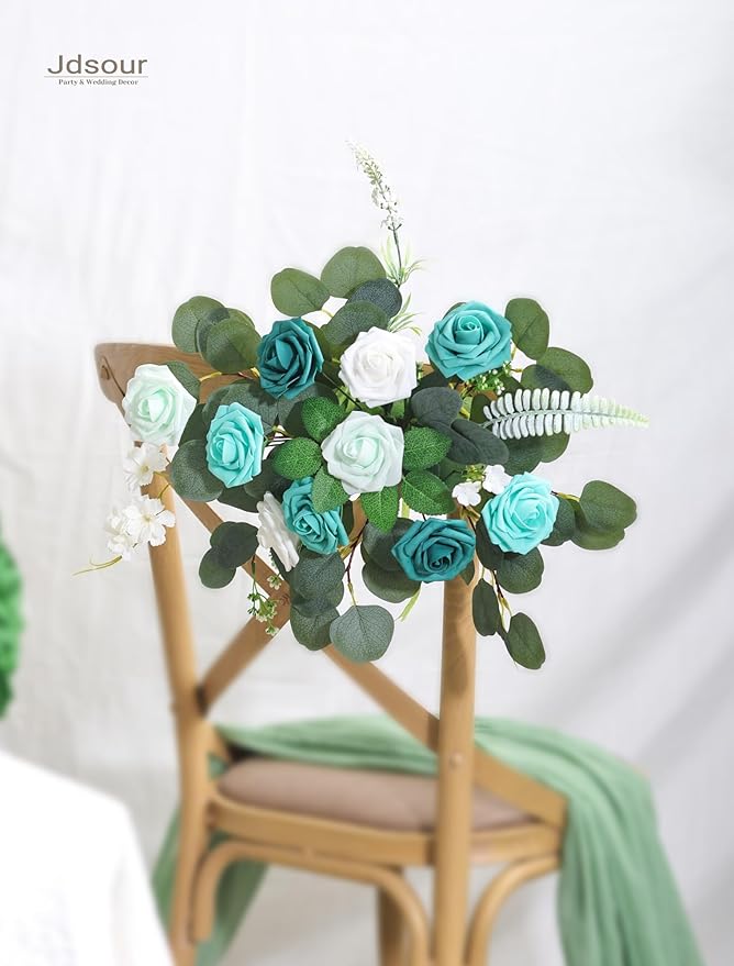 25pcs Artificial Flower，Real Looking Foam Roses w/Stem for DIY Wedding Bouquets Centerpieces Bridal Shower Party Decor-Shades of Teal Green