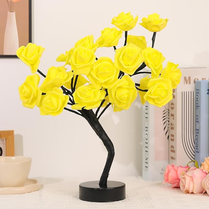 Drawelry Rose Flower Tree Lamp - LED Rose Tree Table Lamp USB/Battery Powered Artificial Bonsai Flower Night Light for Bedroom Living Room Party Wedding Birthday Decor (Yellow)