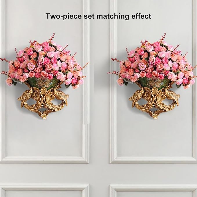 European Artificial Flowers, Luxurious Silk Faux Floral Arrangement with Medieval Gold Carved Vase for Elegant Home Decor