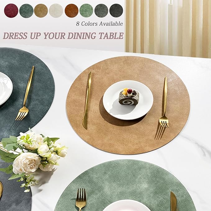 UnivoColors PU Leather Placemats Set of 8,15 Inches Round Washed Cowhide Pattern Table Mats for Dining Table, Kitchen, Party Decoration(Retro Beige)