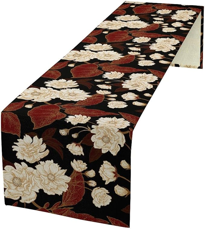 Vintage Flowers Table Runner,Boho Red Gold Floral Plant Print Art Table Runner for Home Kitchen Table Dining Indoor Outdoor Party Decor 13x60 Inch