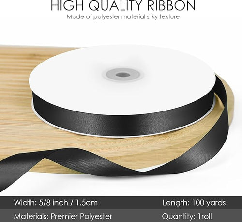 100 Yards 5/8 inch Satin Ribbon, Fabric Ribbon Solid Color Perfect for Gift Wrapping, Wedding, Handmade Bows, Floral Bouquets and Party Decoration(Black)