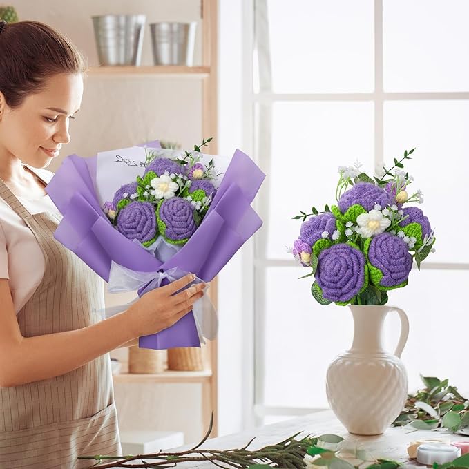 Crochet Flowers Bouquet, Handmade Knitted Rose Bouquet with Gift Bag for Home Deocor, Crocheted Finished Flower for Wedding, Mother's Day, Teachers' Day and Valentine's Day, Purple