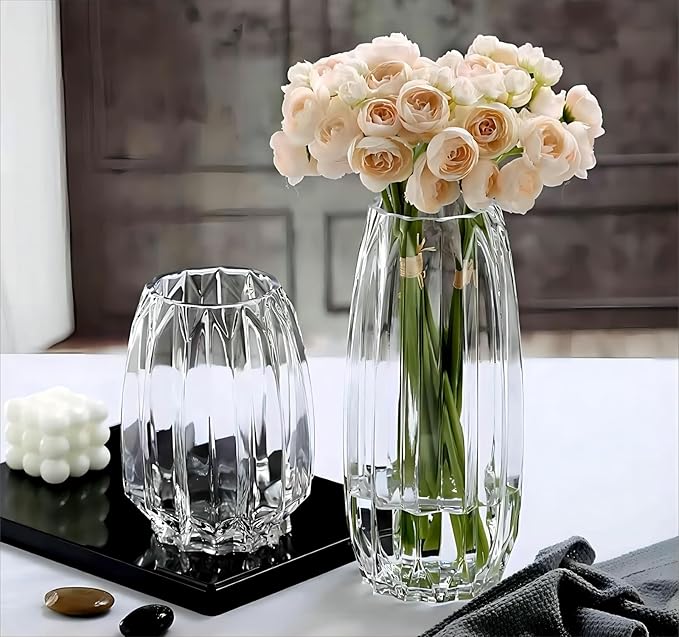 Large Flower Vase,11 inch,GIDARY Thickened Clear Ribbed Glass Vase for Bookshelf,Dinner Table,Indoor Office Desktop,Meeting Room,Home Christmas Day Decoration