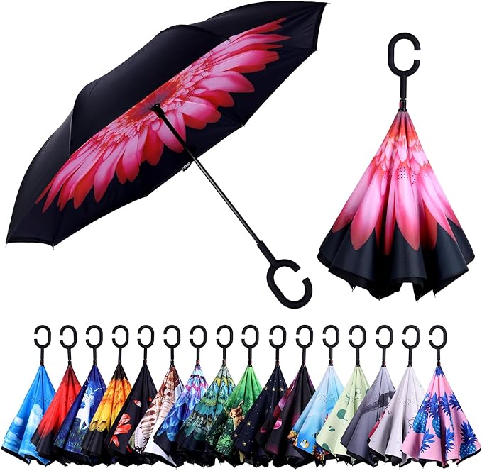 Inverted Umbrella, 49 Inch Double-Layer Vented Reverse Umbrella, Windproof Waterproof UV Protection, Lightweight C-Handle, Fiberglass Ribs, Steel Shaft, Travel/Commute/Car Use, With Sleeve