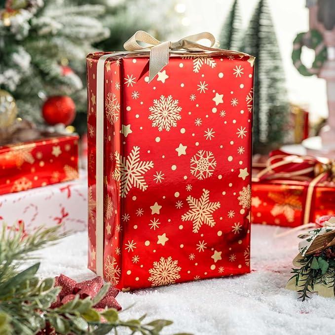 MAYPLUSS Christmas Wrapping Paper Roll - 17 Inch X 33 Feet - Gold Snowflake Star Reversible Candy Cane Gift Wrapping Paper, Thick Wrap Paper for Holiday Party New Year Kids