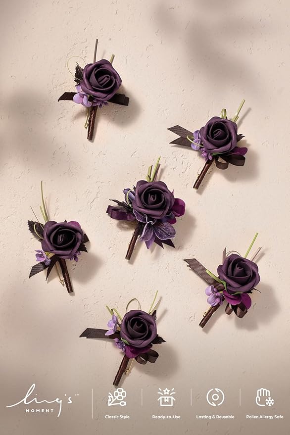 Ling's moment Boutonniere for Men, 6pcs Groom Groomsmen Boutonniere, Artificial Flowers for Wedding Decor/Prom/Homecoming, etc.Deep Purple