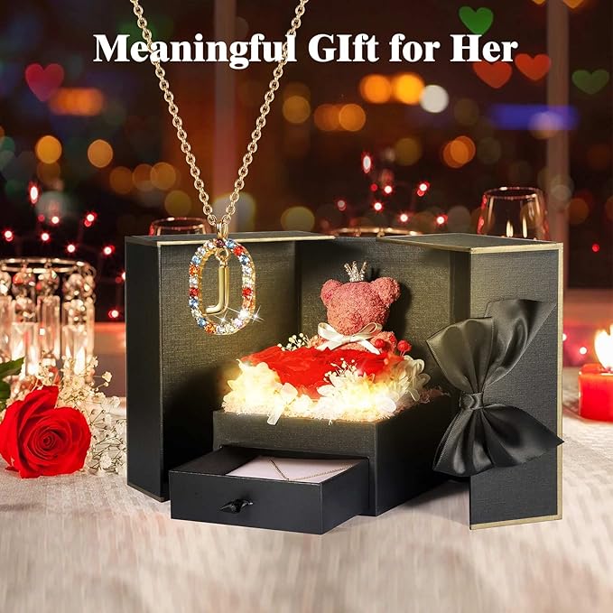 Cute Preserved Real Roses Bear Gift Box for Girlfriend with Initial Necklace J, Unique Birthday Gift for Mom, Her, Grandma, Anniversary Presents for Wife Women