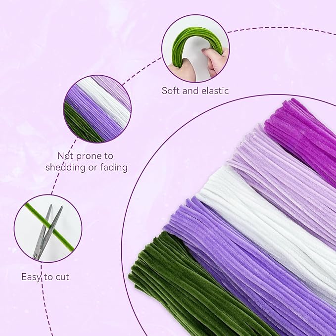 500 Pcs Pipe Cleaners for Crafts – 5 Colors Chenille Stems with Glue Guns & Tape Measure – Perfect for DIY Projects, Holiday & Room Decorations, Arts and Crafts Activities (Purple, 12in x 8mm)